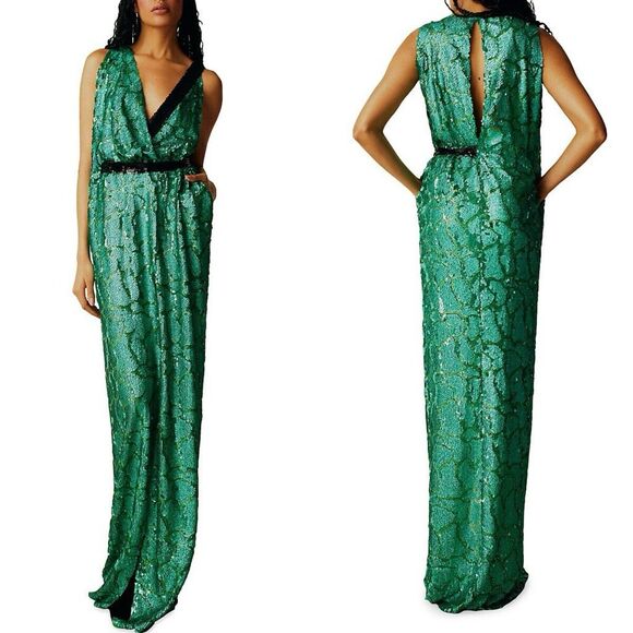 NWT Ozgur Masur Sequined Wrap Sleeveless Keyhole Back Column Gown Size 4 $1944 - Picture 1 of 10
